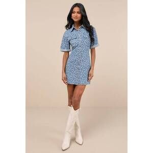 Lulus Renske Light Wash Denim Floral Button-front Mini Dress Blue - Size S